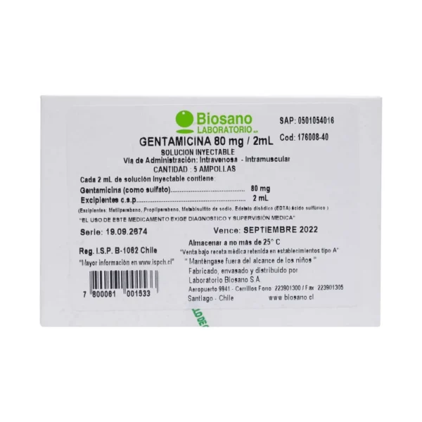 GENTAMICINA AMP 80MG/2ML 5 AMPOLLAS