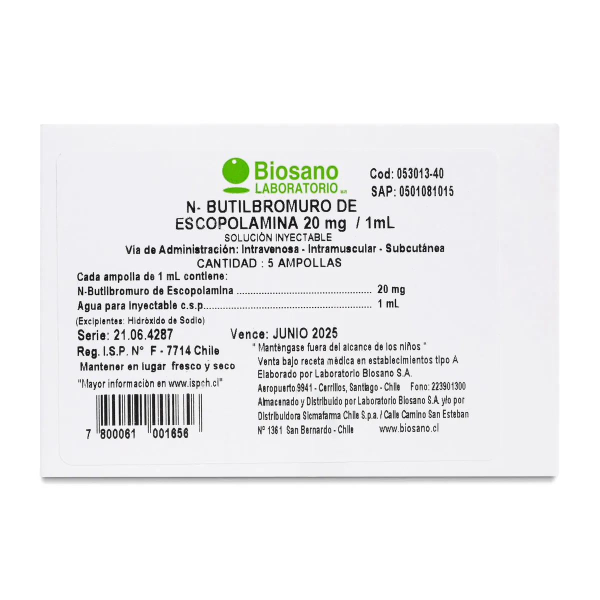 N-BUTIL BROMURO DE ESCOPOLAMINA 20MG/1ML 5 AMPOLLAS