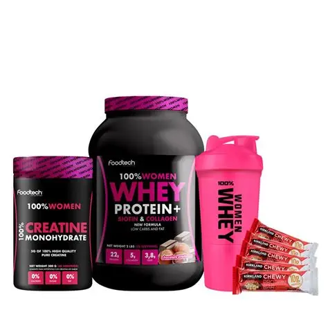 FOODTECH PACK WOMEN WHEY X 9 UND (PROTEINA/CREATINA/BARRAS/SHAKER/LLAVERO)